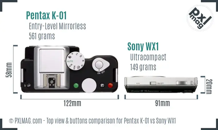 Pentax K-01 vs Sony WX1 top view buttons comparison Pentax K-01 vs Sony WX1 top view buttons comparison