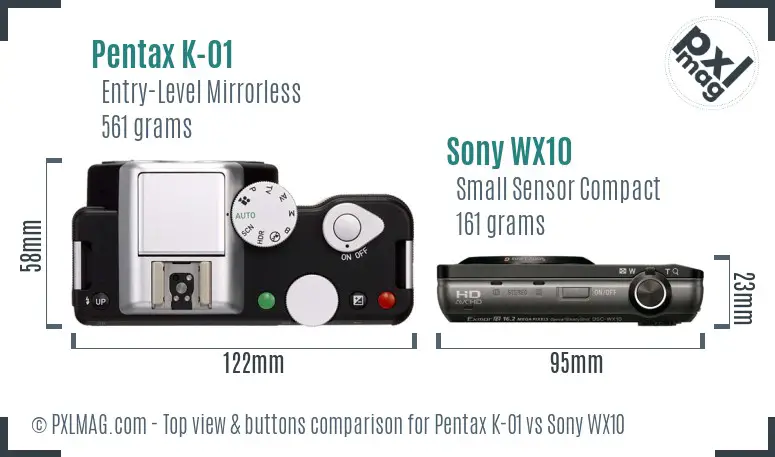 Pentax K-01 vs Sony WX10 top view buttons comparison