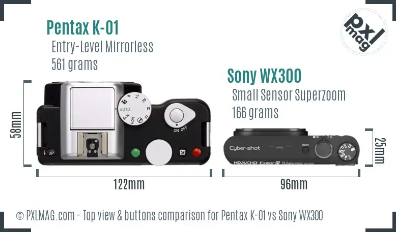 Pentax K-01 vs Sony WX300 top view buttons comparison