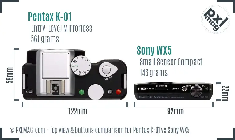 Pentax K-01 vs Sony WX5 top view buttons comparison Pentax K-01 vs Sony WX5 top view buttons comparison