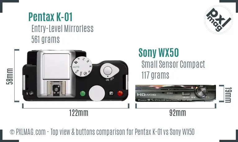 Pentax K-01 vs Sony WX50 top view buttons comparison