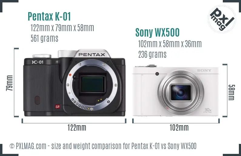 Pentax K-01 vs Sony WX500 size comparison Pentax K-01 vs Sony WX500 size comparison