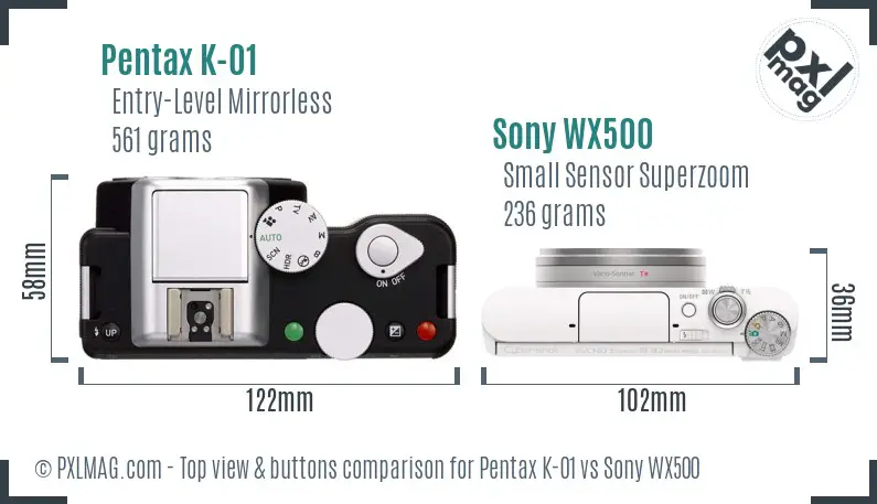 Pentax K-01 vs Sony WX500 top view buttons comparison Pentax K-01 vs Sony WX500 top view buttons comparison