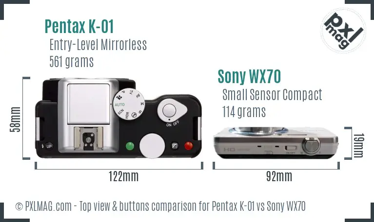 Pentax K-01 vs Sony WX70 top view buttons comparison