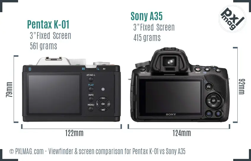 Pentax K-01 vs Sony A35 Screen and Viewfinder comparison