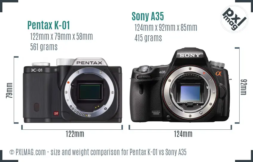 Pentax K-01 vs Sony A35 size comparison