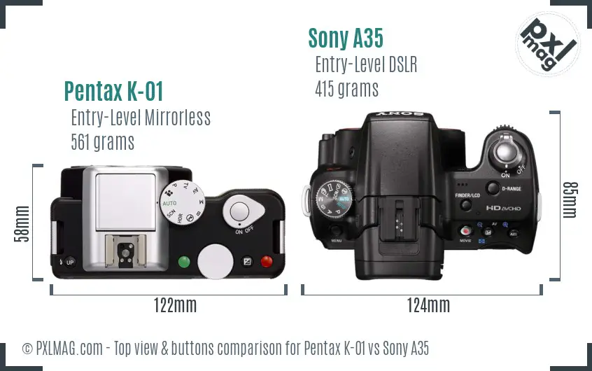 Pentax K-01 vs Sony A35 top view buttons comparison