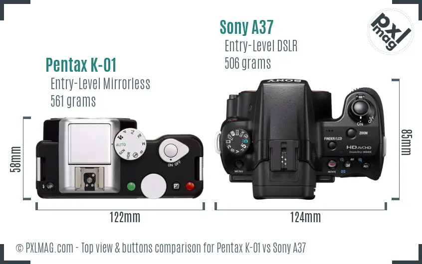 Pentax K-01 vs Sony A37 top view buttons comparison