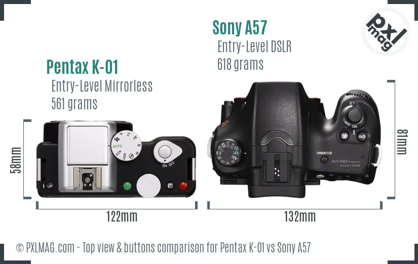 Pentax K-01 vs Sony A57 top view buttons comparison Pentax K-01 vs Sony A57 top view buttons comparison