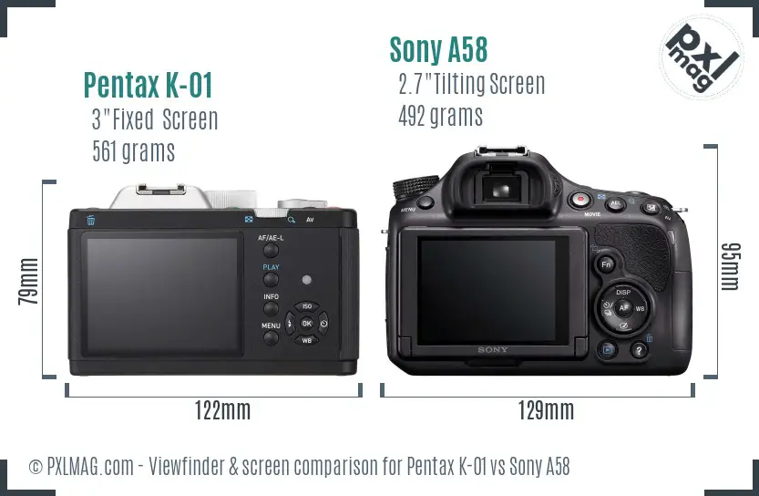 Pentax K-01 vs Sony A58 Screen and Viewfinder comparison