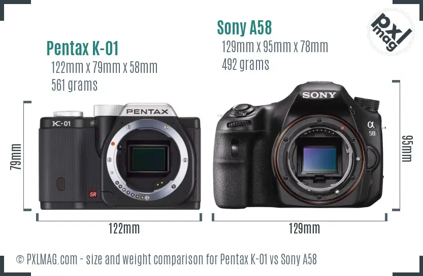 Pentax K-01 vs Sony A58 size comparison