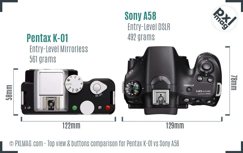 Pentax K-01 vs Sony A58 top view buttons comparison