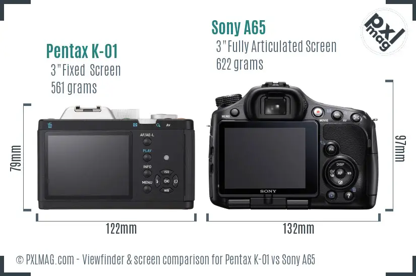 Pentax K-01 vs Sony A65 Screen and Viewfinder comparison