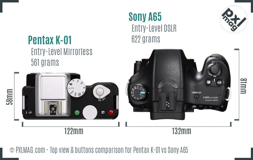 Pentax K-01 vs Sony A65 top view buttons comparison