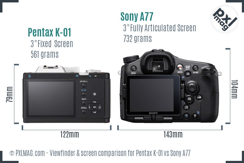 Pentax K-01 vs Sony A77 Screen and Viewfinder comparison