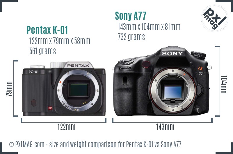 Pentax K-01 vs Sony A77 size comparison Pentax K-01 vs Sony A77 size comparison