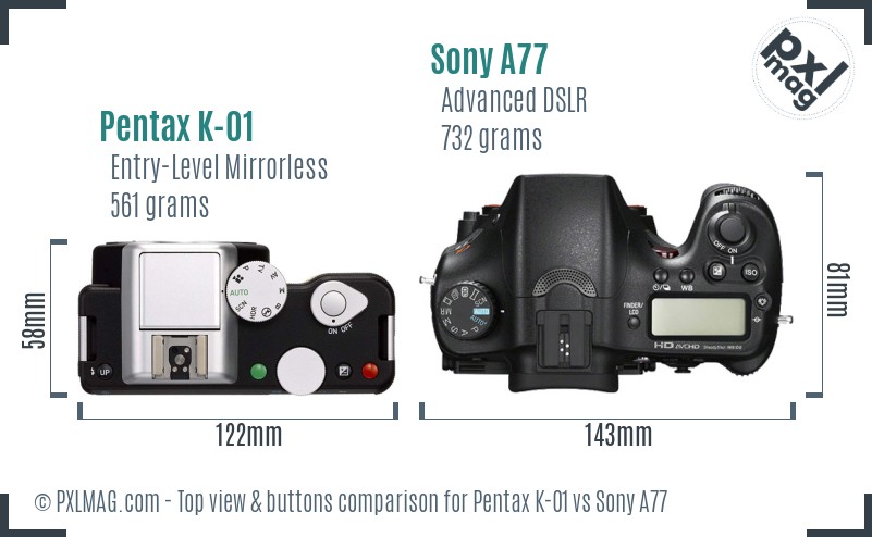 Pentax K-01 vs Sony A77 top view buttons comparison