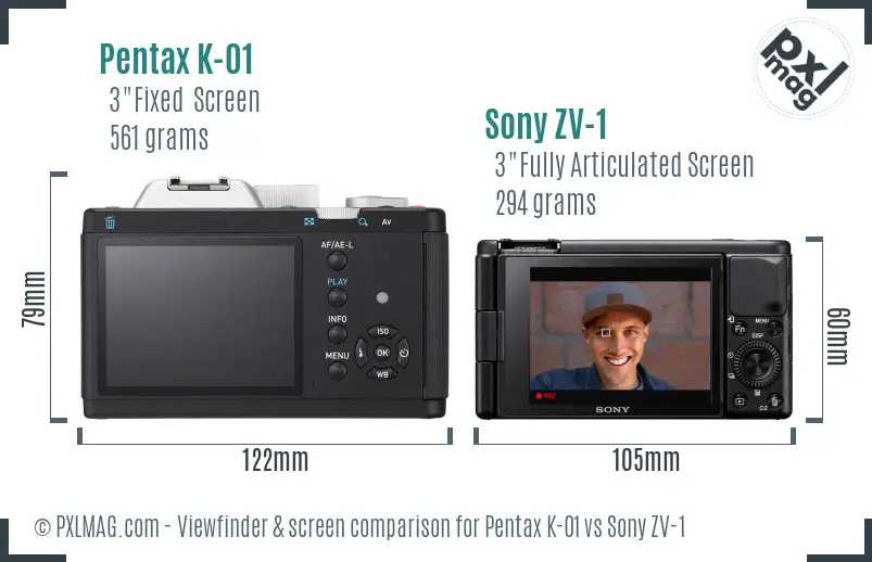 Pentax K-01 vs Sony ZV-1 Screen and Viewfinder comparison