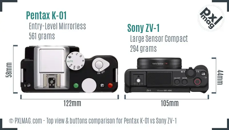 Pentax K-01 vs Sony ZV-1 top view buttons comparison