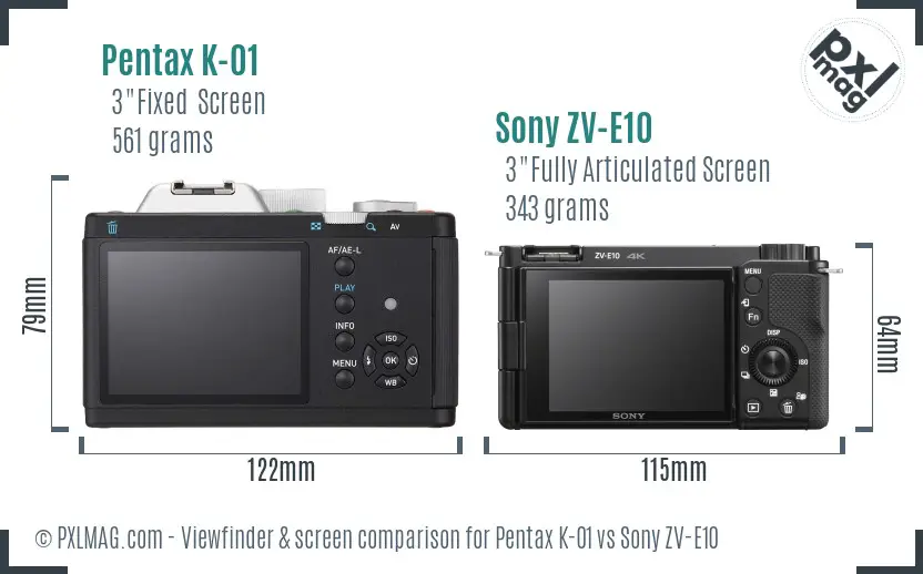 Pentax K-01 vs Sony ZV-E10 Screen and Viewfinder comparison