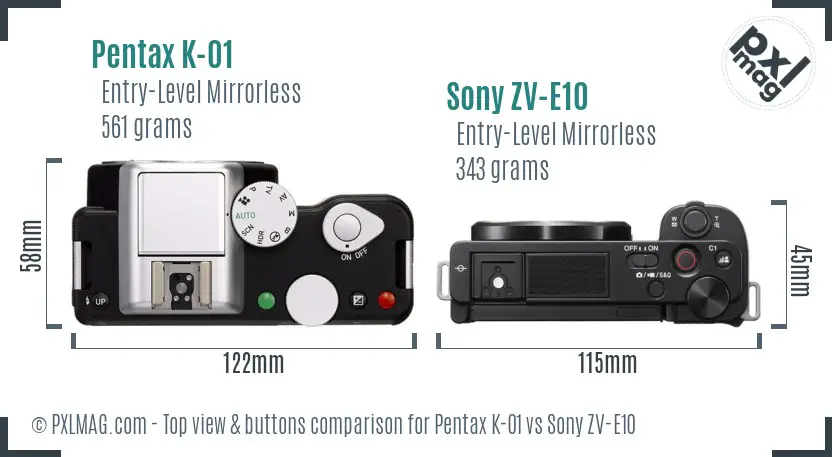 Pentax K-01 vs Sony ZV-E10 top view buttons comparison