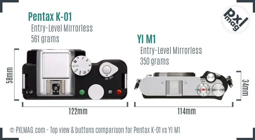 Pentax K-01 vs YI M1 top view buttons comparison
