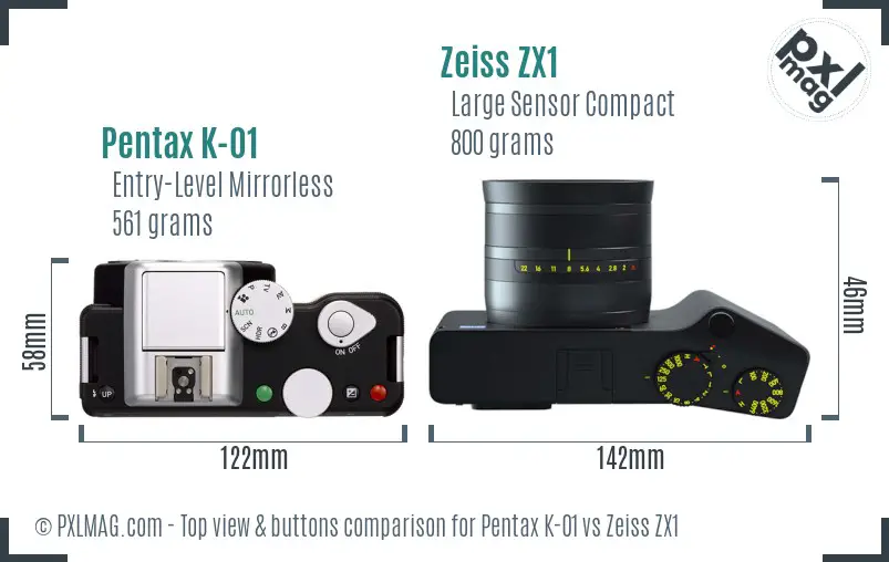 Pentax K-01 vs Zeiss ZX1 top view buttons comparison
