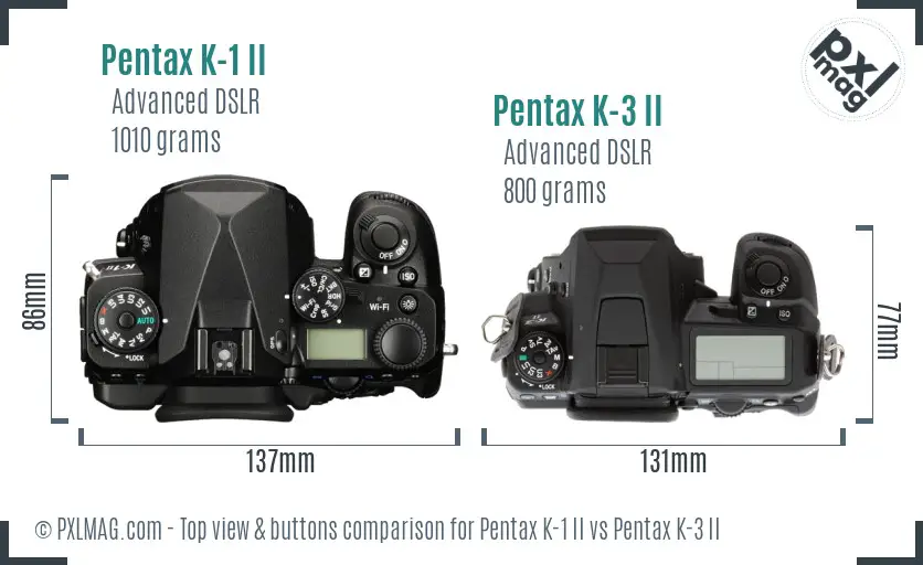 Pentax K-1 II vs Pentax K-3 II top view buttons comparison