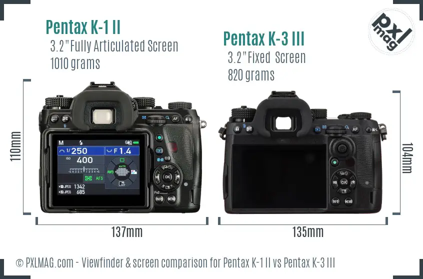 Pentax K-1 II vs Pentax K-3 III Screen and Viewfinder comparison