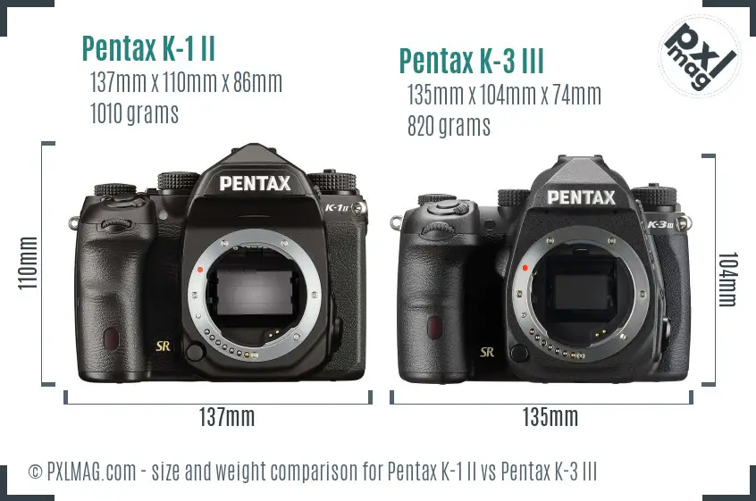 Pentax K-1 II vs Pentax K-3 III size comparison