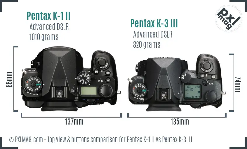 Pentax K-1 II vs Pentax K-3 III top view buttons comparison