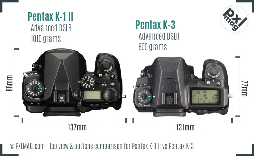 Pentax K-1 II vs Pentax K-3 top view buttons comparison