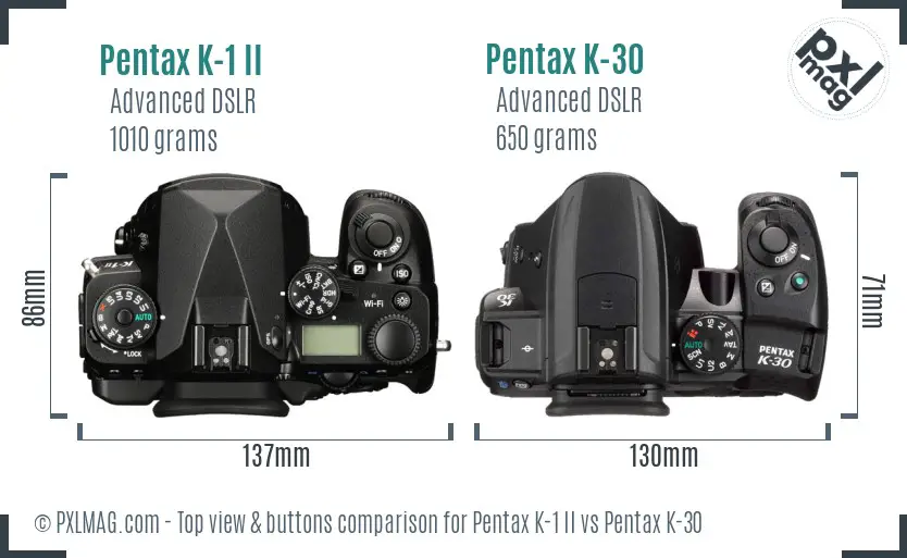 Pentax K-1 II vs Pentax K-30 top view buttons comparison