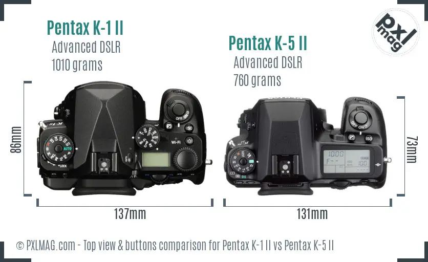 Pentax K-1 II vs Pentax K-5 II top view buttons comparison