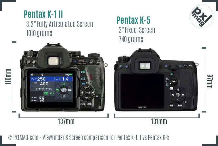 Pentax K-1 II vs Pentax K-5 Screen and Viewfinder comparison