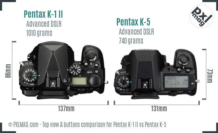 Pentax K-1 II vs Pentax K-5 top view buttons comparison