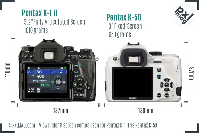 Pentax K-1 II vs Pentax K-50 Screen and Viewfinder comparison