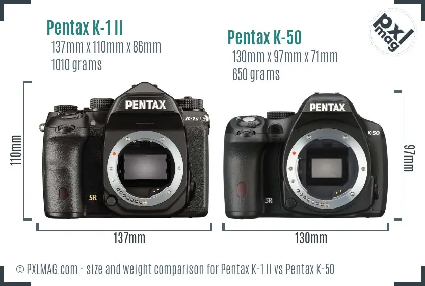 Pentax K-1 II vs Pentax K-50 size comparison