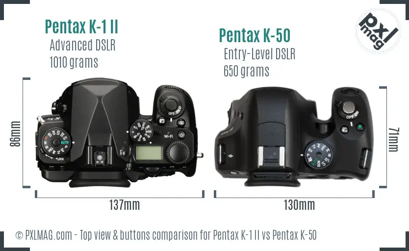 Pentax K-1 II vs Pentax K-50 top view buttons comparison