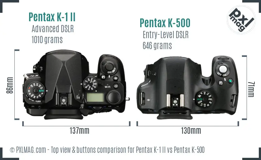 Pentax K-1 II vs Pentax K-500 top view buttons comparison