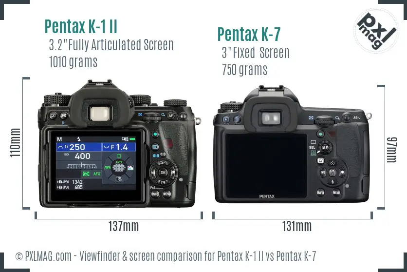 Pentax K-1 II vs Pentax K-7 Screen and Viewfinder comparison