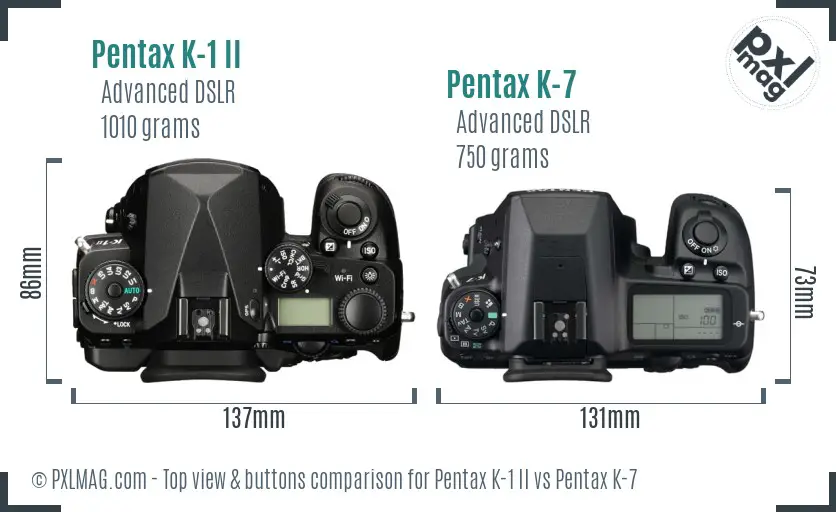 Pentax K-1 II vs Pentax K-7 top view buttons comparison