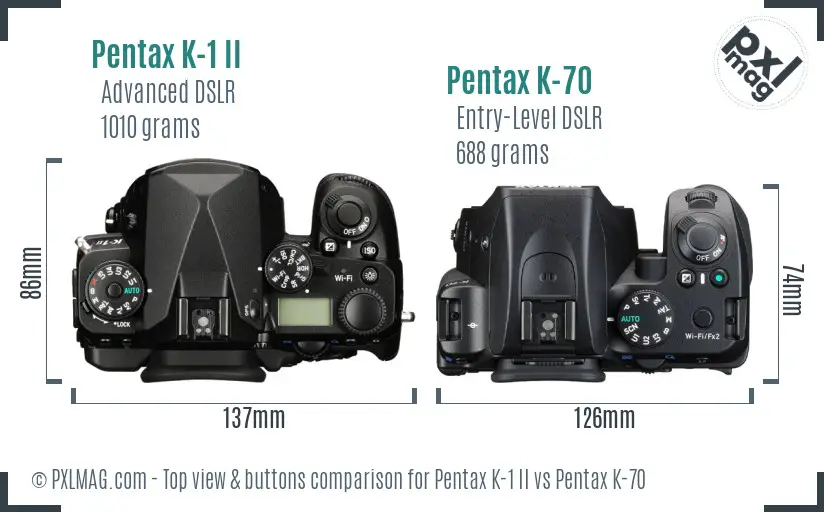 Pentax K-1 II vs Pentax K-70 top view buttons comparison