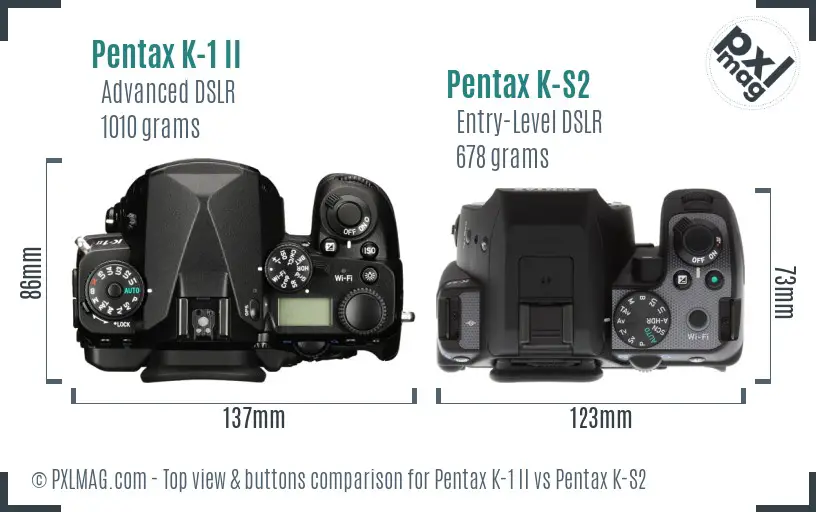 Pentax K-1 II vs Pentax K-S2 top view buttons comparison