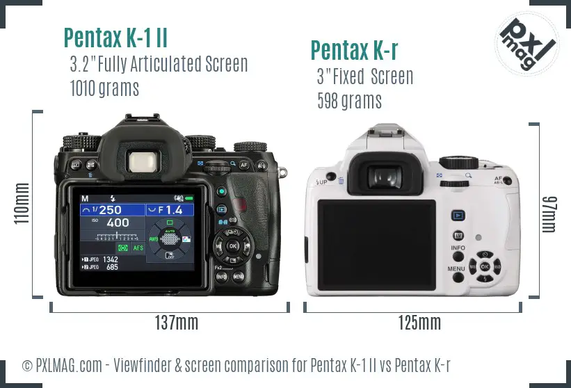 Pentax K-1 II vs Pentax K-r Screen and Viewfinder comparison