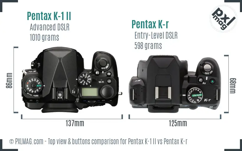 Pentax K-1 II vs Pentax K-r top view buttons comparison