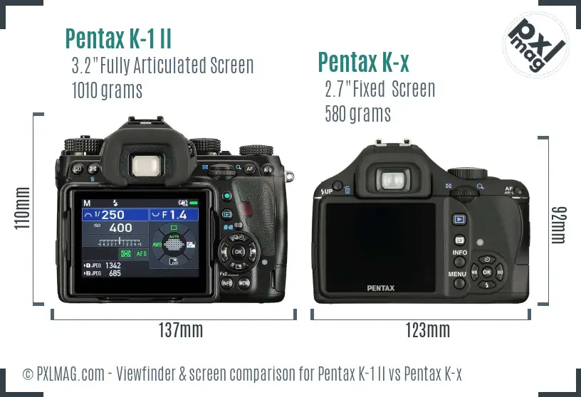 Pentax K-1 II vs Pentax K-x Screen and Viewfinder comparison