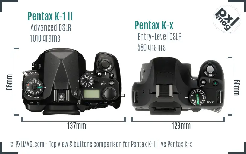 Pentax K-1 II vs Pentax K-x top view buttons comparison