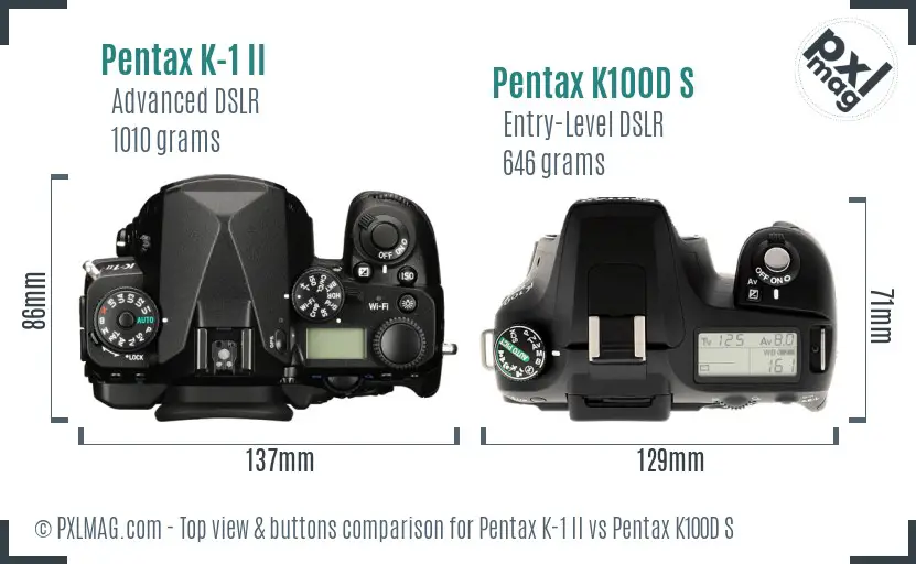 Pentax K-1 II vs Pentax K100D S top view buttons comparison