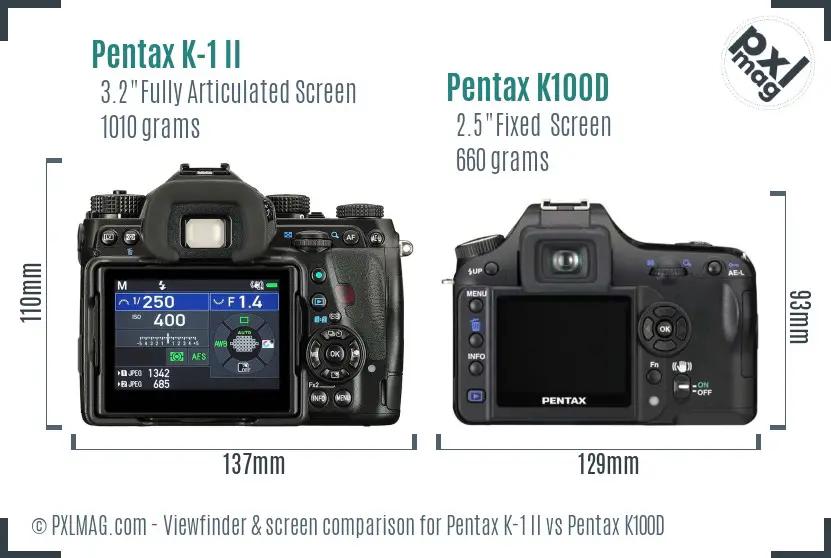 Pentax K-1 II vs Pentax K100D Screen and Viewfinder comparison
